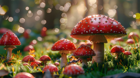 Red mushrooms with white spots in a green forestの素材