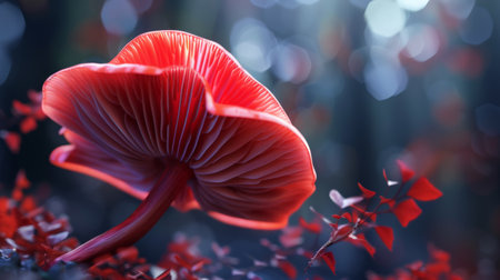 Red glowing mushroom in the dark forestの素材