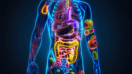 A glowing blue and yellow image of the digestive system.の素材