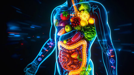 A fit man with healthy food in his stomach.の素材