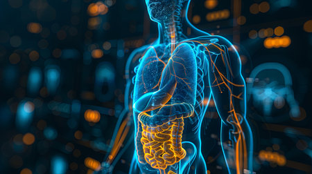 An illustration of the human digestive system.の素材