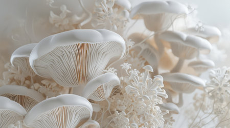 A close up photograph of white mushrooms and other fungi growing in a forest.の素材