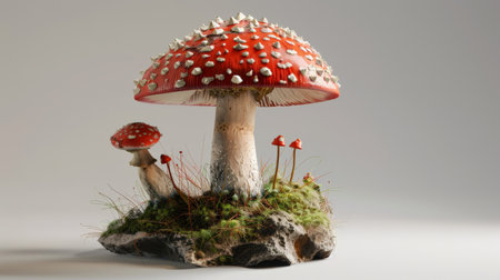 A realistic 3D render of a red and white spotted mushroomの素材