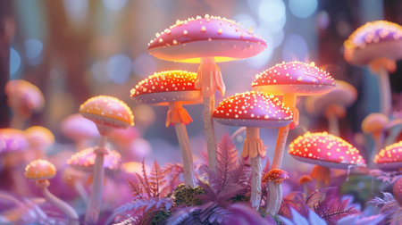 Pink glowing mushrooms in a purple forestの素材