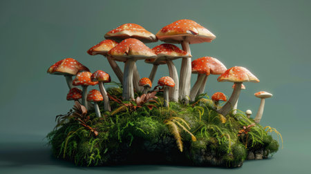Red and white spotted mushrooms with white stems growing in a cluster on a bed of green moss.の素材