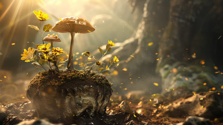 Mystical glowing mushrooms and flowers growing on a skull in the middle of a dense forestの素材