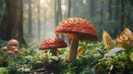A photo of two red mushrooms in the forest with a beautiful blurry background.の素材