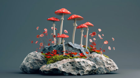 Red and white mushrooms and flowers growing on a rockの素材