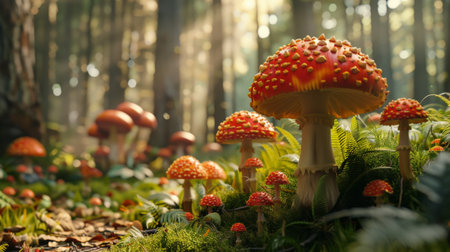 Red and white toadstools in a sunlit forestの素材