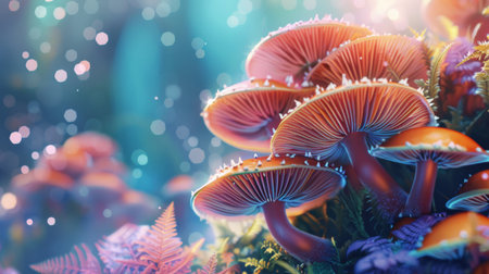 A photo of a group of mushrooms in a forest with a beautiful bokeh backgroundの素材