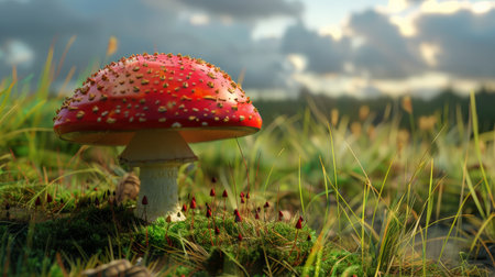 Red and white toadstool in a green fieldの素材