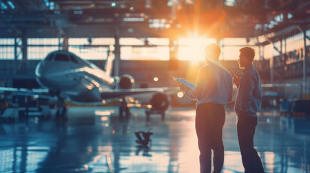 Businessman and businesswoman standing in airport terminal and looking at airplane.の素材
