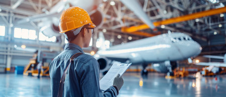 Engineer or architect in helmet and blueprints with airplane in the airportの素材