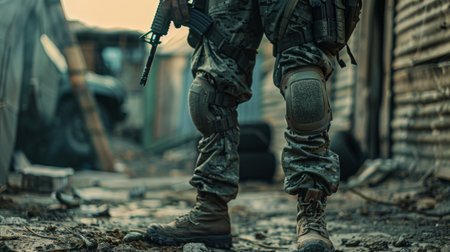 A soldier in full combat gear is standing in a destroyed city.の素材