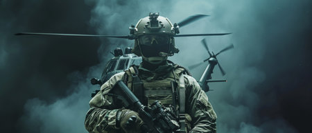A soldier in full combat gear stands in front of a helicopter.の素材