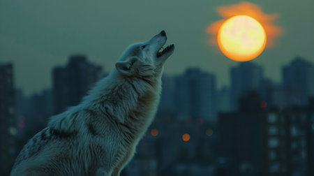 White wolf howling in front of the setting sun in the cityの素材