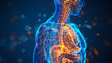 An illustration of the human body showing the skeletal and nervous system.の素材