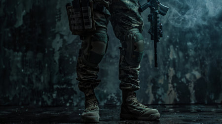 A soldier in full combat gear stands in a dark, smoky room.の素材