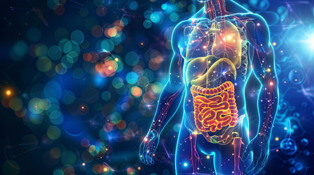 Glowing blue human body with internal organsの素材