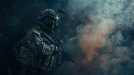 A soldier in full combat gear standing in a dark room.の素材