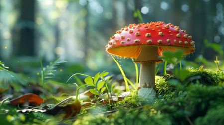 Red mushroom with white spots in the middle of a dense green forestの素材