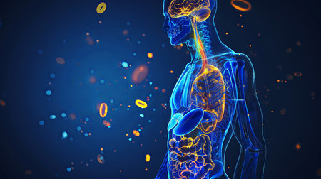 Blue and yellow glowing human body on a dark blue background.の素材