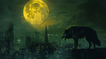 Wolf howling at the moon over the city. Halloween concept.の素材