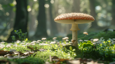 A photo of a single red mushroom in a forest with a blurred backgroundの素材