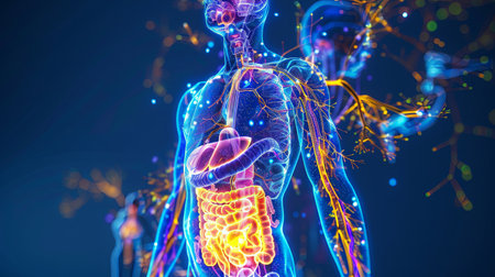 Blue and yellow glowing human body with nervous system and digestive system visible.の素材