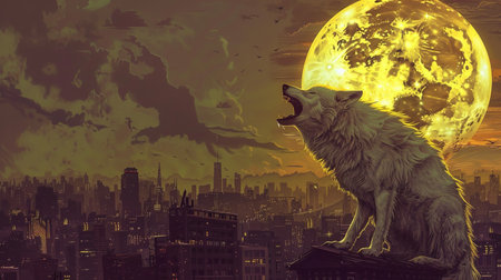 Wolf in the city against the background of the moon and the skyの素材
