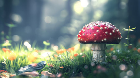 A photo of a red mushroom with white spots in a green forest.の素材