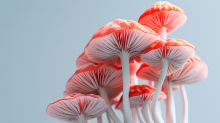 A group of pink mushrooms against a pale blue background.の素材
