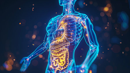 A glowing blue human body with visible organs and bones.の素材