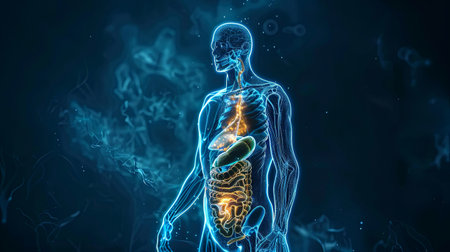 Blue transparent human body with glowing yellow organsの素材
