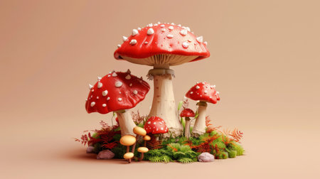 Red and white spotted mushrooms of various sizes on a bed of moss and grass against a beige background.の素材