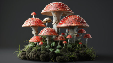 A photorealistic render of a group of red and white spotted mushrooms on a bed of moss and grass. The mushrooms are of varying sizes and have a realistic texture. The background is a dark grey.の素材