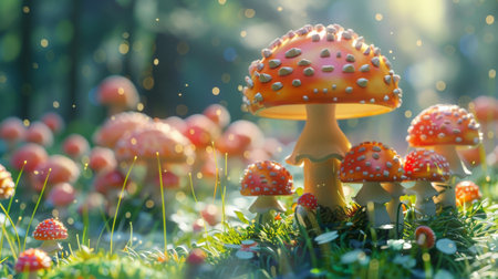 A photo of a group of red and white spotted mushrooms in a green forest setting.の素材