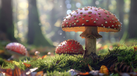 Red and white toadstool mushrooms in a forestの素材