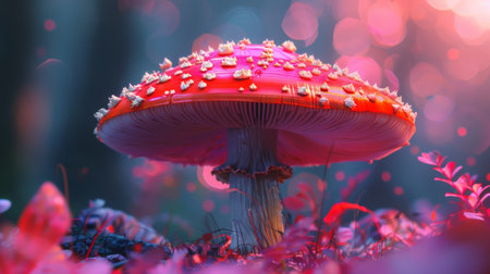 A red mushroom with white spots in a forest with a pink backgroundの素材