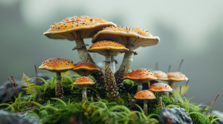 A group of orange mushrooms with white spots on their caps are growing in a cluster on the forest floor.の素材