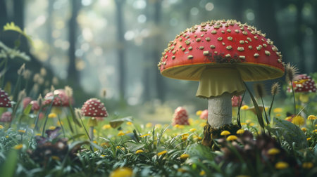 A photo of a red mushroom with white spots in a green field with yellow flowers.の素材