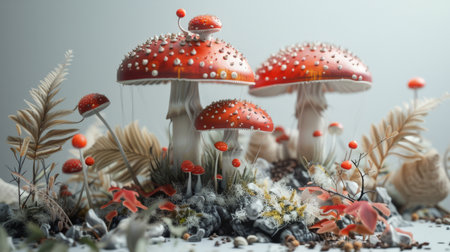Red and white spotted mushrooms in a realistic 3D renderの素材
