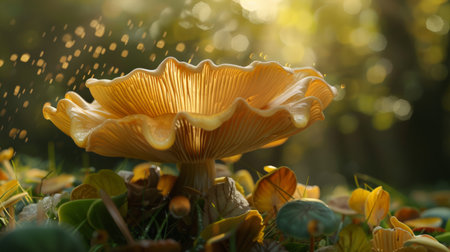 Yellow mushroom with a large cap in a sunlit forestの素材