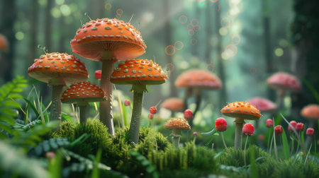 Photo of red amanita muscaria mushrooms in a green mossy forestの素材