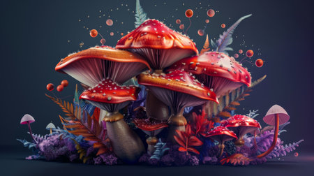 Red and white spotted mushrooms of various sizes with purple and green foliageの素材