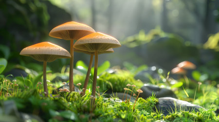 Photo of three orange mushrooms in the middle of a forest with green moss and sunlight shining through the trees.の素材