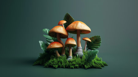 A group of orange mushrooms with white spots and green leaves on a bed of moss against a dark green background.の素材