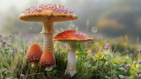 Three red mushrooms with white spots in a green fieldの素材