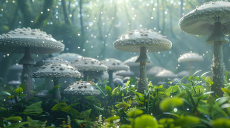 A photo of a realistic 3D rendering of a fantasy forest with giant mushrooms.の素材