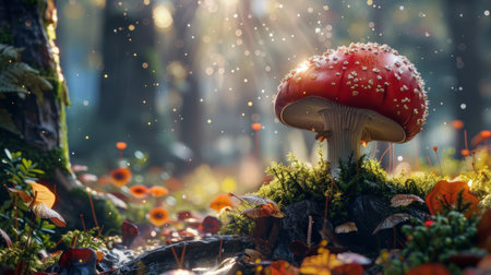 A photo of a red mushroom in the middle of a forest. The mushroom is surrounded by green moss and grass, and the sun is shining through the trees.の素材